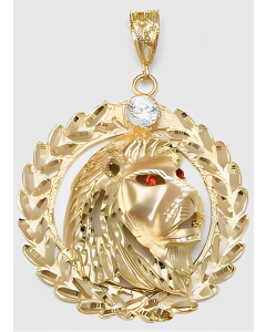 10K Yellow Gold Big Red Eyes Lion in a Circle Pendant